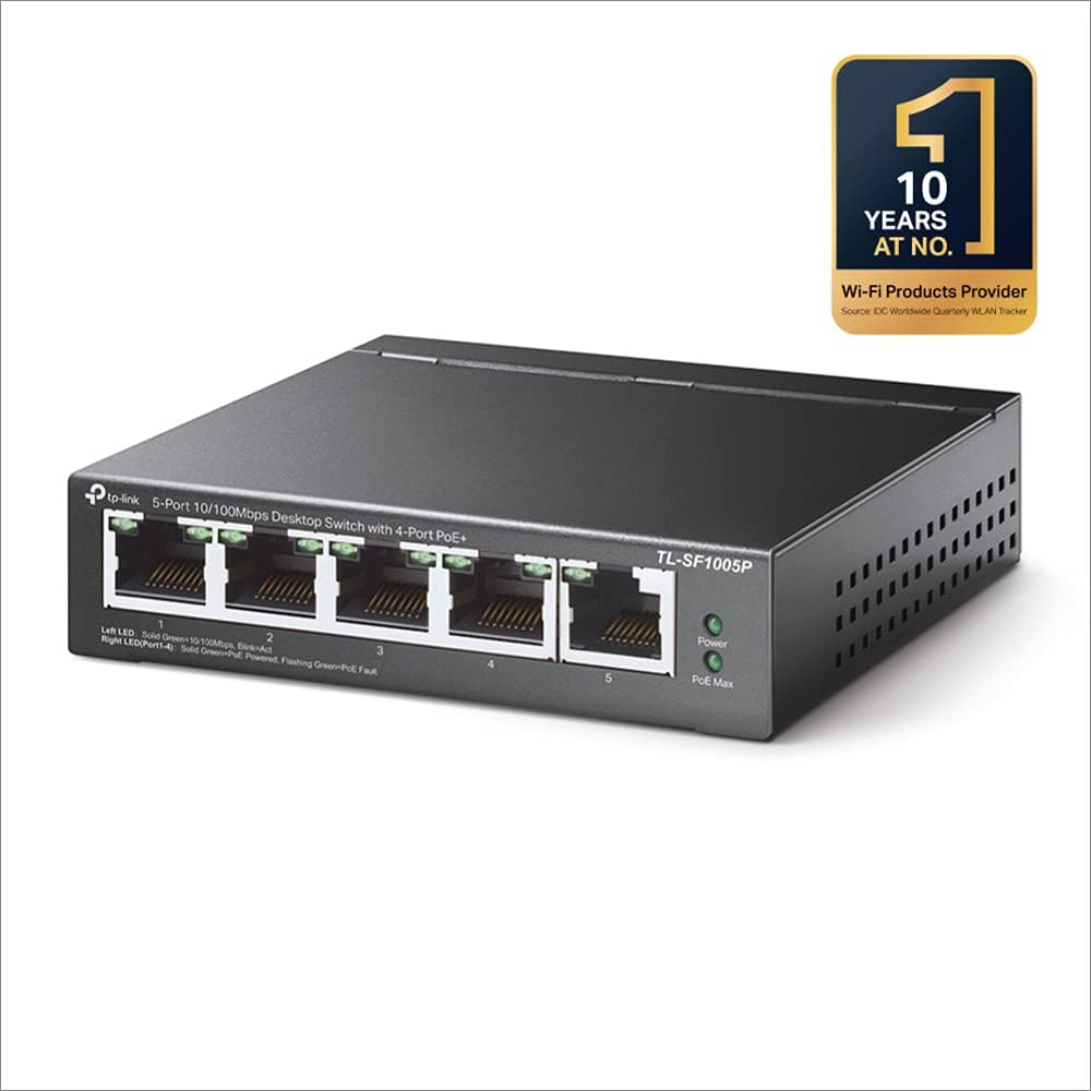 TP-LINK (TL-SF1005P) 5-Port 10/100 Unmanaged Desktop Switch, 4 Port PoE, Steel Case