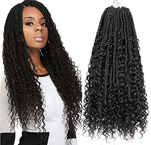 Seehair Boho Box Braids Crochet Hair 18Inch 8 Packs New Goddess Locs River Locs Bohemian Locs with Curly Ends Pre-looped Braiding Hair Extensions(18Inch 1B)