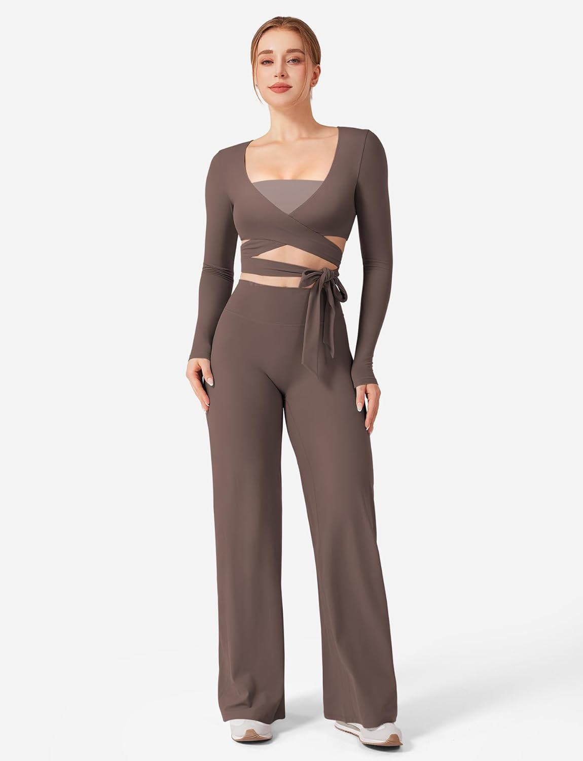 YEOREO Wrap Long Sleeve Cropped Top for Women Workout Pilates Ballet Tie Shirt for Dance Yoga Active Blouses - Image 3