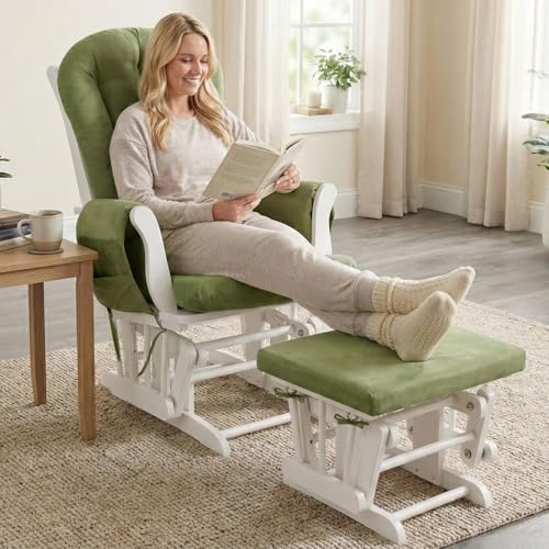 Image of 5PCS Suede Glider Rocker Replacement Cushions with 29.5 inch High Backrest & Side Pockets, Thickened Soft Glider Rocking Chair Cushions with Ottoman Cushion for Indoor Nursery Rocking Chair, Green