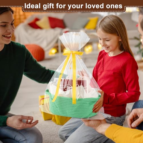 Image of OIAHOMY Gift Basket with Handle, Small Woven Basket with Gift Bag, Ribbon and Wrap Tissue Paper, Nursery Bins Empty to Fill with Small Items, Baby, Pet Toy Organizer - Green