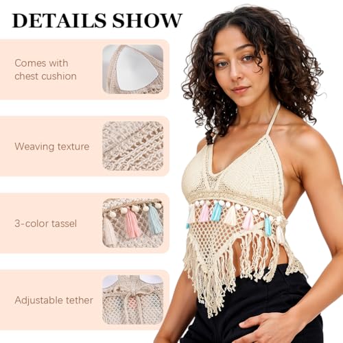 Image of PALAY Women's Summer Crochet Granny Square Halter Tops Boho Sleeveless Backless Fringe Trim Cami Cover Up Tank Crop Top