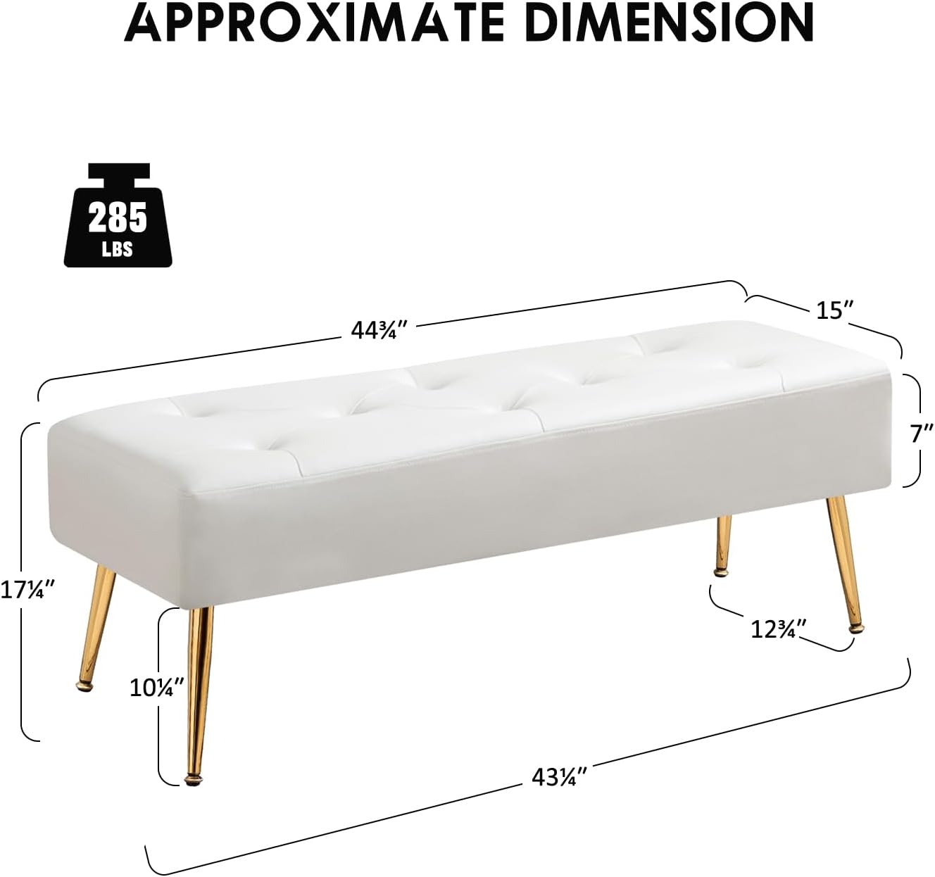 Furniliving Modern PU Leather Bench, Upholstered Tufted Leather Bedroom Bench 44" Ottoman Bench with X-Shaped Metal Legs for Makeup Room, Solid Bed Bench for Foyer, IvoryWhite