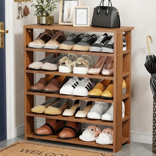 Image of Lukzer 5-Tier Wooden Shoe Rack | Multipurpose Storage Shelf for Shoes, Handbags, Showcase & Accessories | SR-002 /Oak Brown | Engineered Wood Footware Stand for Entryway & Living Room (80x70x27cm)