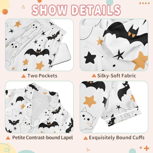 Cute Halloween Ghost Cat Bats Pajamas Set Soft Satin Pjs Sets 2 Piece Short Sleeve Sleepwear Casual Loungewear3