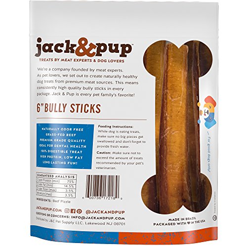 Jack&Pup 6inch Premium Grade Odor Free Bully Sticks Dog Treats [Jumbo