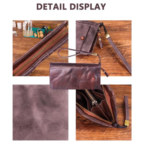 Cowhide men's handmade wallet retro multifunctional long wallet zipper coin key multi card slot card bag (Tea-brown)3