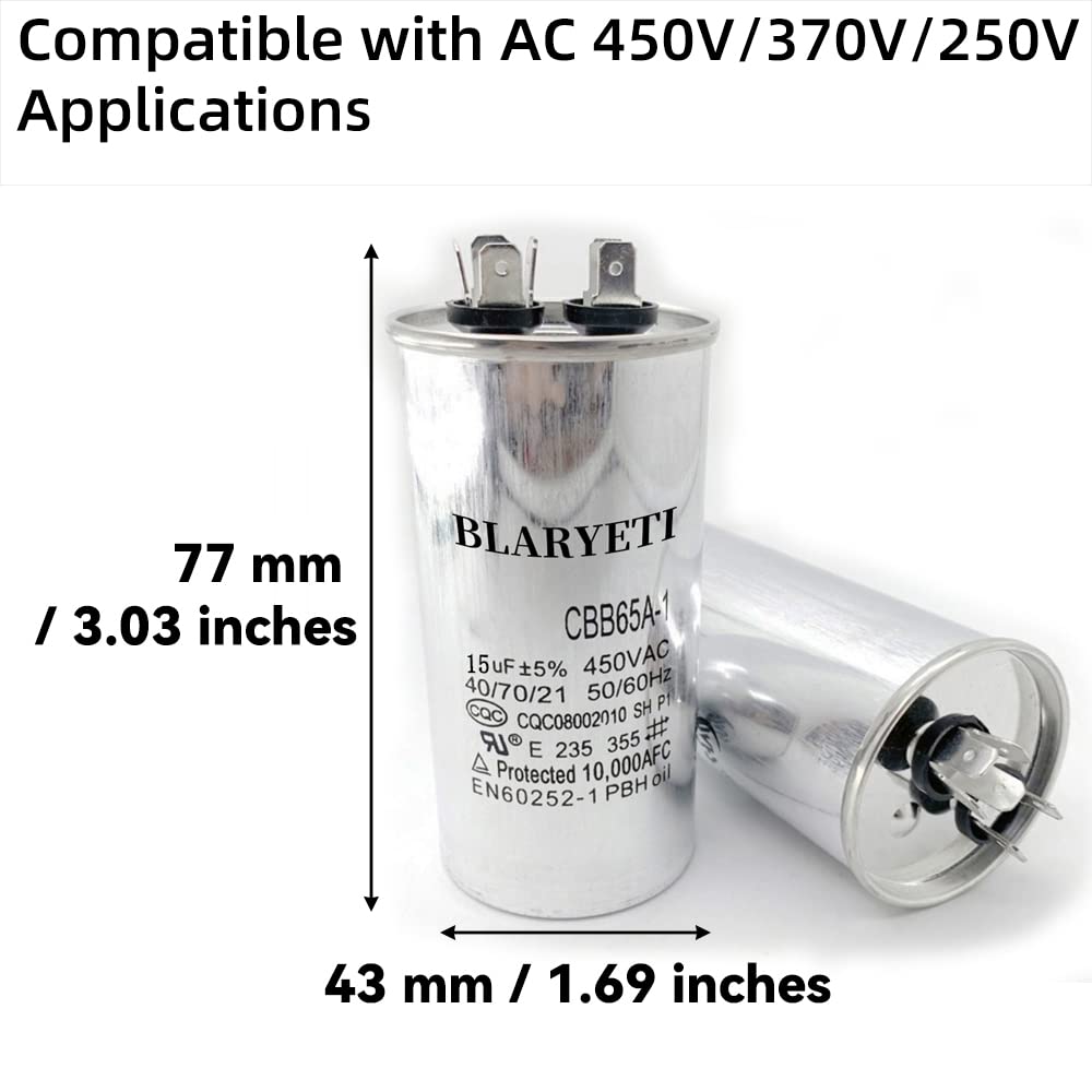 CBB65 15uF Motor Running Capacitor Start Capacitor for Air Conditioner AC 450V/370V/250V 50/60Hz 5%