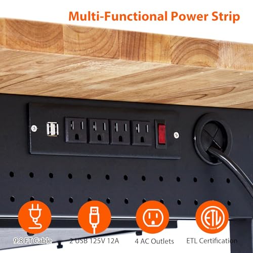 60" Work Bench, Heavy Duty Adjustable Height Table with Power Outlets, Portable Garage & Workshop Work Bench, 2000 LBS Capacity, Office, Home Use, Easy Assembly, Multipurpose Utility Table