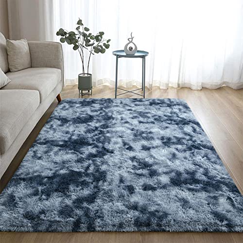 Dweike Super Soft Shaggy Rugs Fluffy Carpets, Tie-Dye Rugs For Living Room Bedroom Girls Kids Room Nursery Home Decor,Non-Slip Machine Washable Carpet,3X5 Feet Blue Grey #TOP3