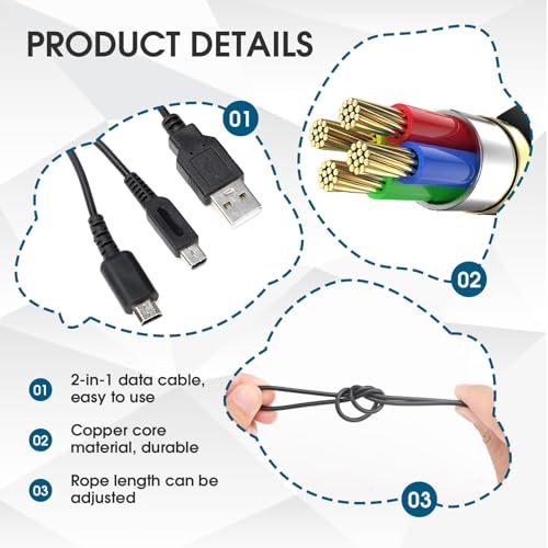 Qkhcable 2-in-1 Charger Cable for Nintendo DS Lite - Universal USB Charging Cable Lead Wire Cord Cable for DS Lite, 3DS, New 3DS XL, 2DS, DSi & More - Simultaneous Play & Charge - Durable (Black-1pc) - Image 2