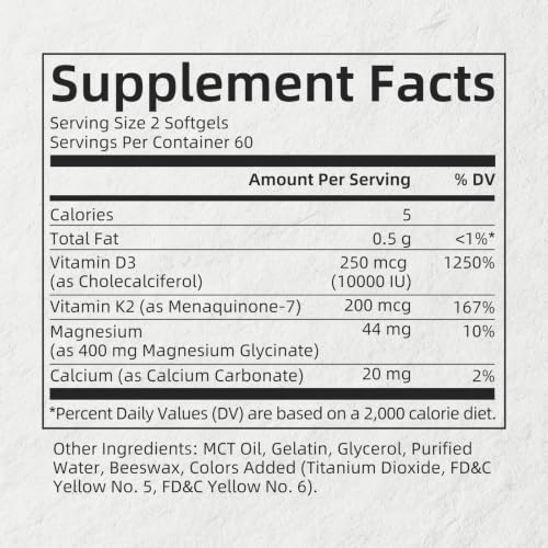 Alliwise D3 K2 Vitamin 10000 IU with Magnesium Glycinate Softgels,120 Count | K2 D3 Vitamin Supplement with Magnesium, High Potency Supports Calcium Absorption, Immune & Sleep Health,Gluten-Free - image 9