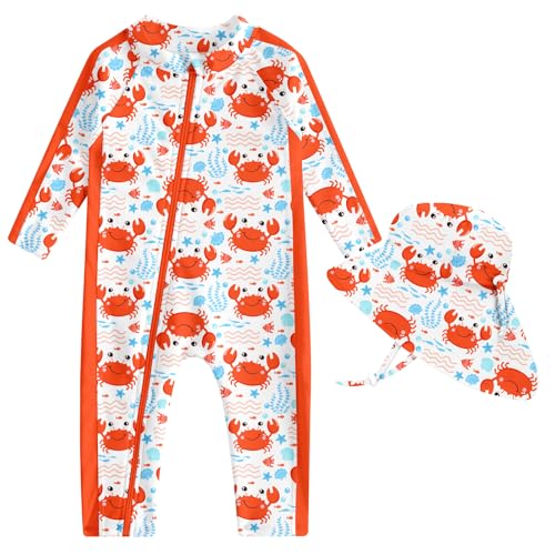 Funnycokid Baby Boy Swimsuit 9-12 Months Bathing Suit Infant Orange Crab Zipper Rash Guard One Piece Swim Suit Long Sleeve with Hat UPF 50+