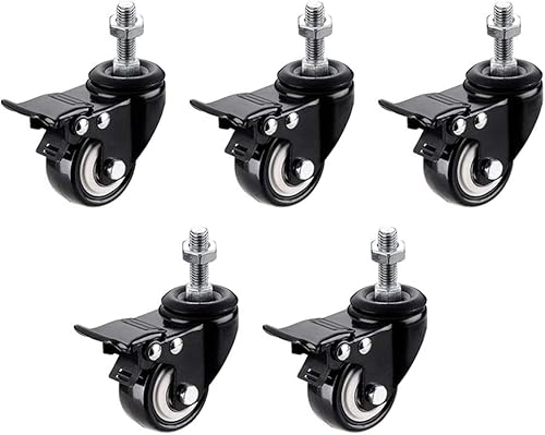 SDGBCXD, Rotella for impieghi gravosi, 5 pezzi, rotella girevole con gambo, rotelle for mobili in PVC, nere, con gambo filettato, resistenti, doppio cuscinetto, resistenti all'usura, capacità massima