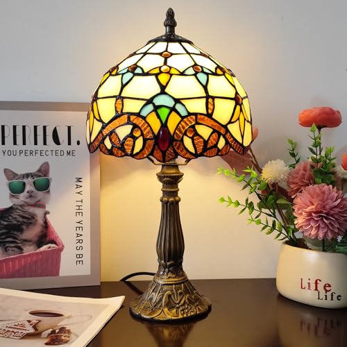 Image of Small Tiffany Table Lamp 8 Inch Tiffany Style Desk Lamp Stained Glass Antique Light Decoration Bedroom Bedside Lamp Retro Reading Lamps (Beige Baroque Style)