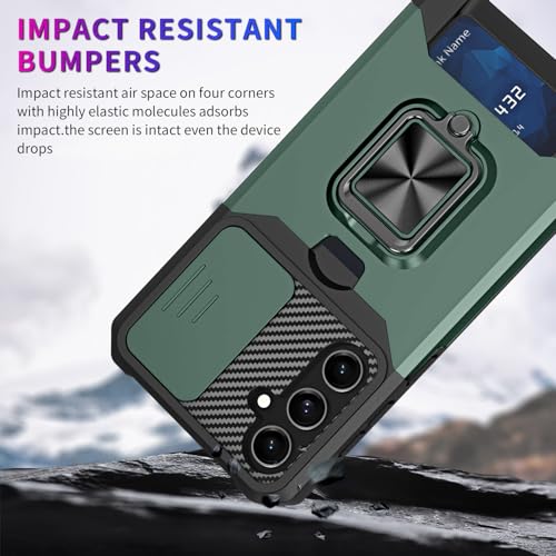 Image of LuxuryKase Shockproof Armor Case for Samsung Galaxy S26 | Slide Camera Cover | Hidden Card Slot | Rotating Ring Kickstand | Magnetic Car Mount Support | Military Grade Protection - Green