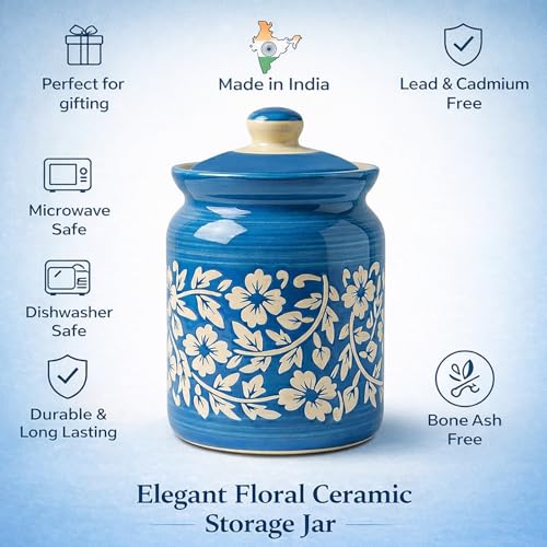 Image of Ceramic Handmade Pickle Jars in 1000ml (set of 2) | Handpainted Floral Bale 1 kg Achaar Martban | Ceramic Jadi for Kitchen Storage (Set of 2) | Jars for Achar, Spices, Salt (Floral SkyBlue Bale)