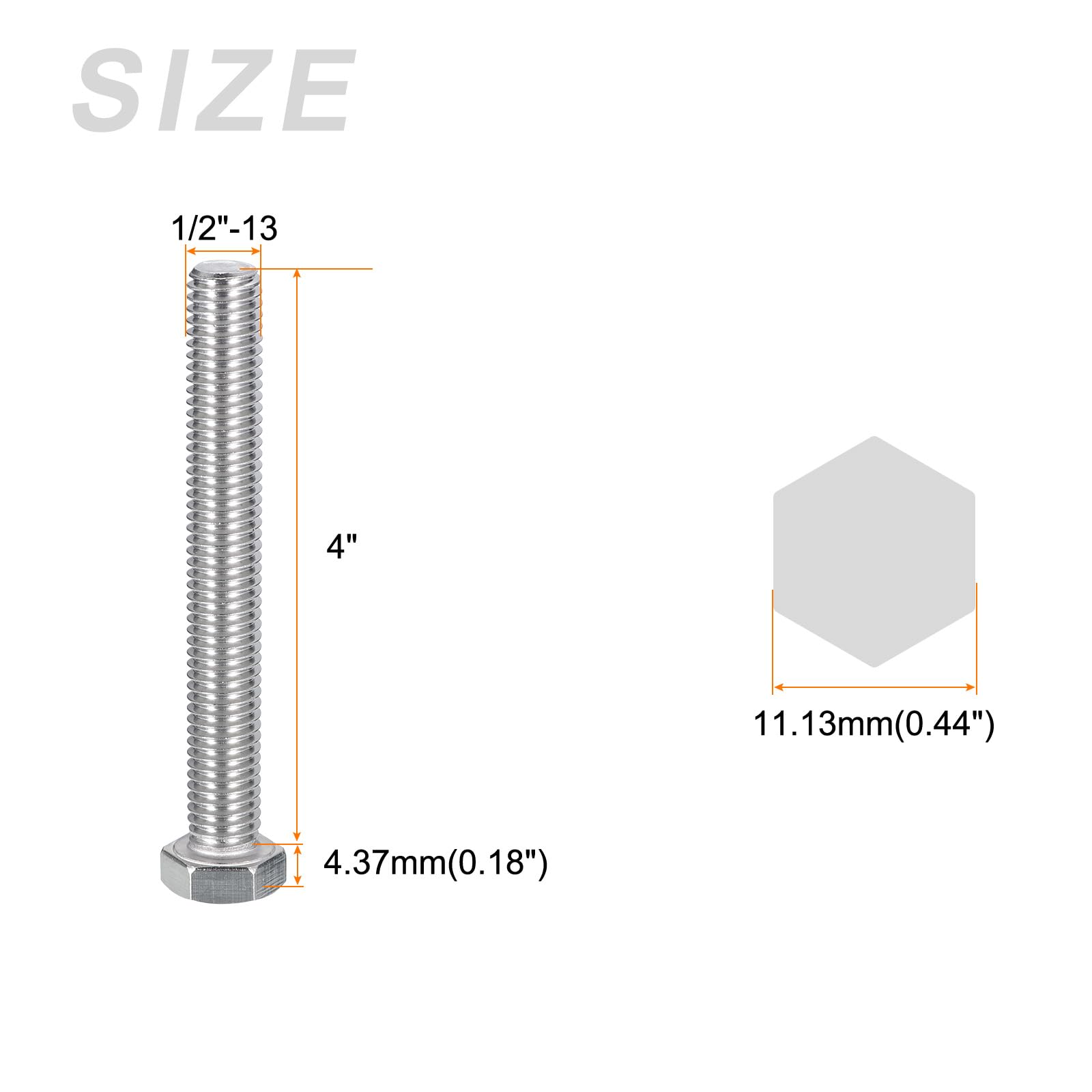 METALLIXITY Hex Head Bolts (1/2-13 x 4") 25Pcs, 304 Stainless Steel 18-8, Fully Threaded, External Hex Drive, Plain Finish - Image 2
