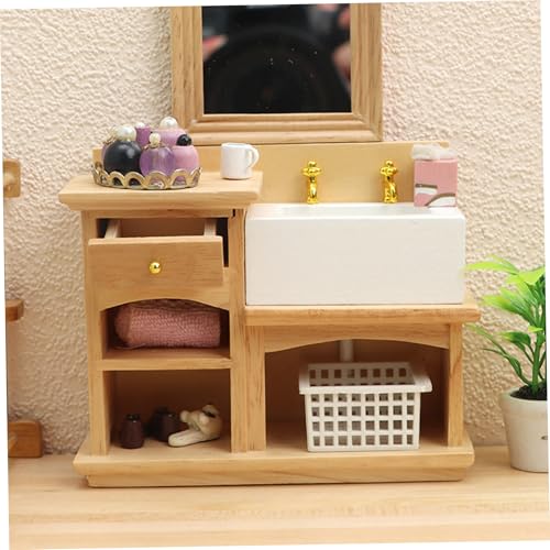Fregadero de casa de muñecas en madera pulida con acabado artesanal 1/12 2