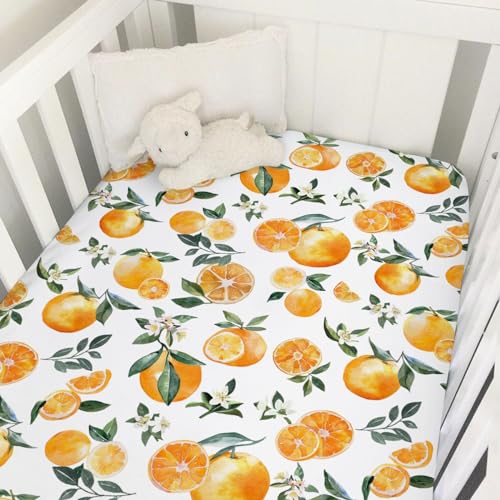Image of Watercolor Oranges Baby Crib Sheet 52''x28'' Retro Orange Floral Leaves Stretchy Fitted Crib Mattress Cover for Boy Girl Boho Summer Fruits Soft Bed Sheets for Standard Crib Toddler Mattress