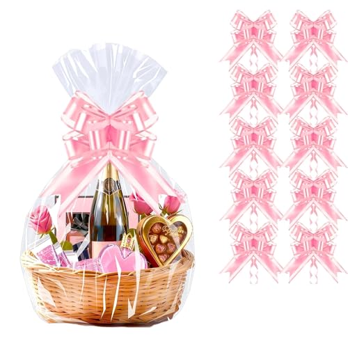PigPotParty 10 Pack 24x30 Inch Large Cellophane Bags for Gift Baskets, Thick Clear Plastic Basket Wrap, Includes 10 Large Gold Pull Bows