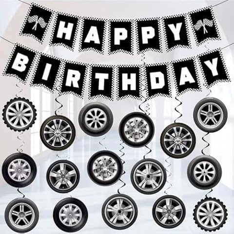 Race Car Birthday Party Decorations, Race Car Party Decorations Includes Happy Birthday Banner and Wheel Hanging Swirls, Race Car Theme Party Birthday Party Supplies Cover