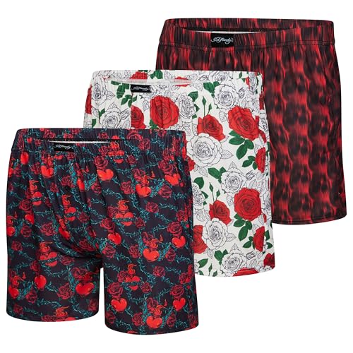 ED HARDY Boxers, 3 Pack, Colors include: Navy with Hearts, Fire Red, White Roses