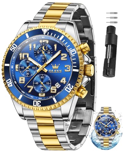 Image of OLEVS Watches for Men Stainless Steel Dress Men Watch with Date Big Face Chronograph Waterproof Luxury Fashion Watch Blue /Black /Gold /Green /Silver Face Relojes para Hombres