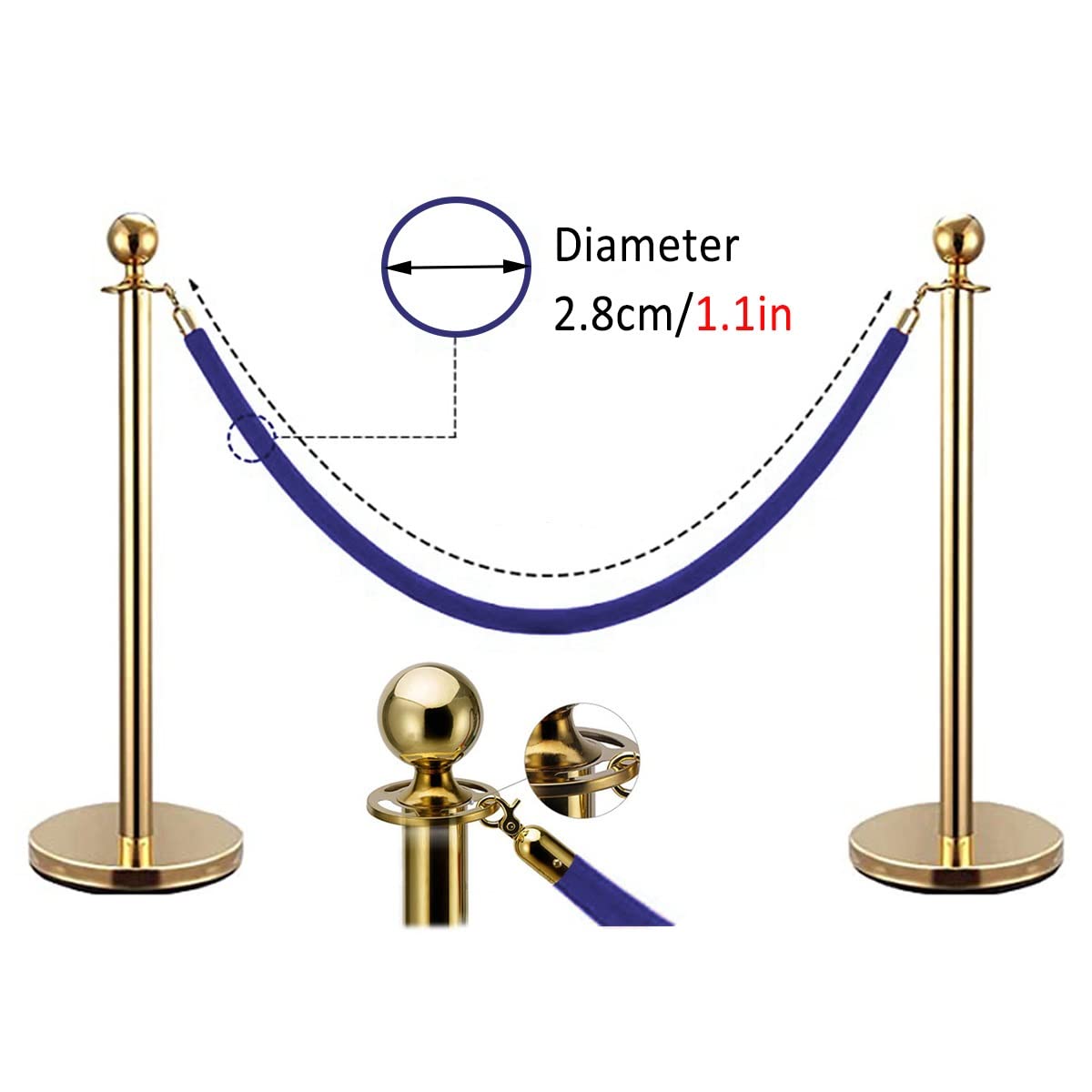 Corde Barrière de Sécurité, Système de Guidage avec Or Crochets, Corde de Velours pour Diviseur de File D'attente, Corde Barriere en Velours Bleu, 1 Pièce Barrière Corde pour Poteau de Separation