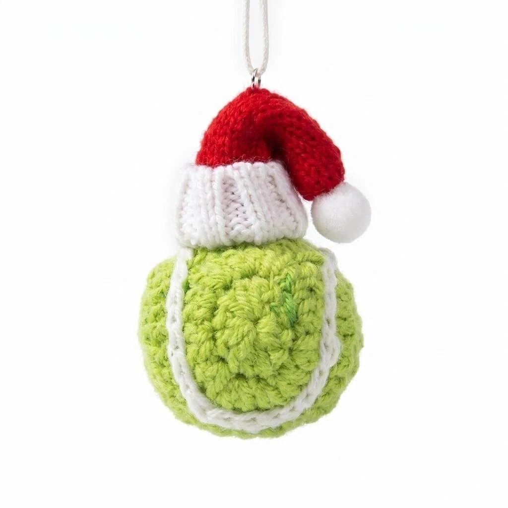 Knitted Tennis Ball Christmas Ornament with Santa Hat
