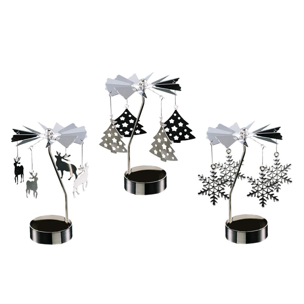 3pcs Rotary Tealight Holder Xmas Tree Elk Deer Snowflake Pattern Carousel Spinning Tea Light Candle Stand Cup Holiday Tabletop Ornament for Home Restaurant without Candle