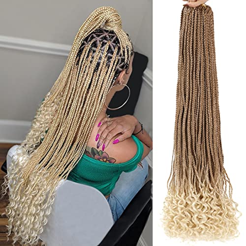 Ombre Box Braid Crochet Hair Small Box Braids With Curly Ends 10 Packs 32 Inch Long Box Braids Crochet Hair For Black Women Knotless Pre Looped Synthetic Crochet Braids Hair Extensions With Curls At The End #27/613 #TOP4