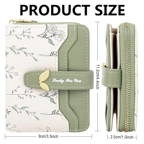 Image of Farcauo Cute Green Flower Wallet for Women Small Kawaii Coin Purse with ID Window Compact Lightweight and Stylish Design Cash Wallet for Ladies