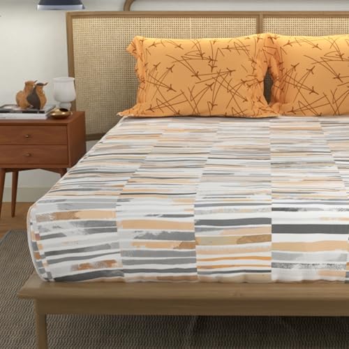 Image of Urban Space Divine 144 TC 100% Cotton Printed Fitted Bedsheet King Size with 2 Pillow Covers, Size 78 inch x 72 inch, Stripes Mustard