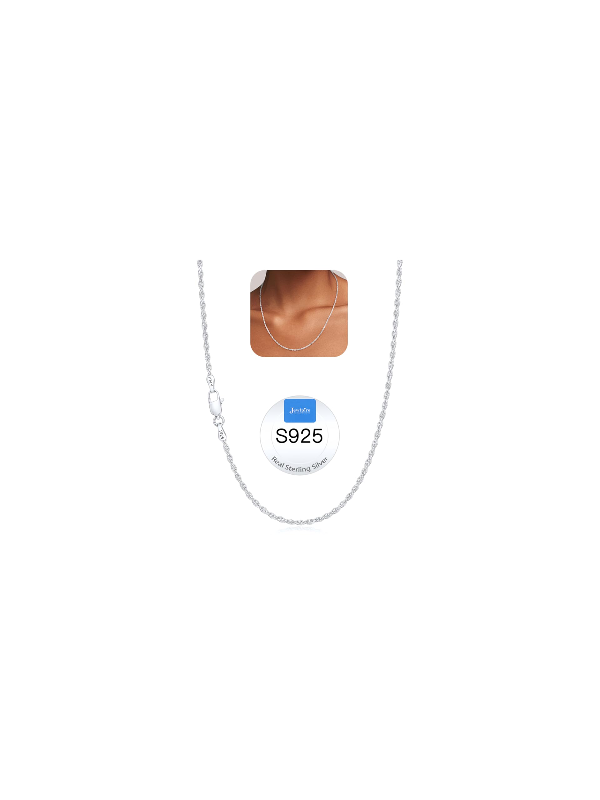 Jewlpire 여성용 2mm 로프 체인 925 스털링 실버 체인 목걸이, 여성용 14K 금 도금 체인 부드럽고 튼튼한 여성용 체인 목걸이, 40.7cm(16인치), 45.7cm(18인치), 50.8cm(20인치), 55.9cm(22인치), 61.4cm(24인치), 61cm(
