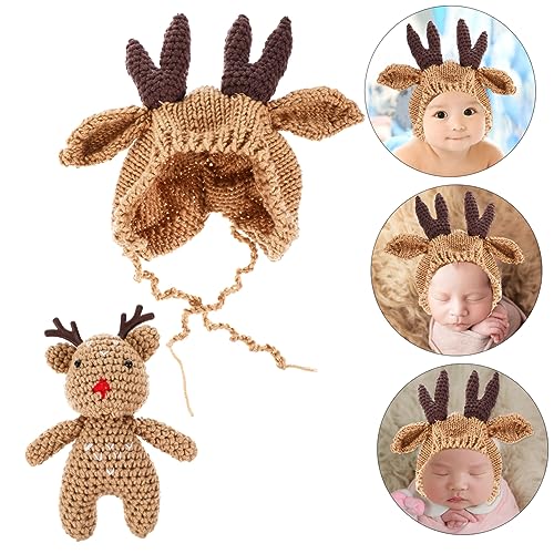 1Set Adorable Antler Hat Warm Knit Wool Beanie for Months for Holiday Photography and Comfortable Skin Friendly Design for Boys Brown3