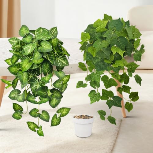 VUAHAUL 2 Pack Artificial Hanging Plants with White Pots 26.8''