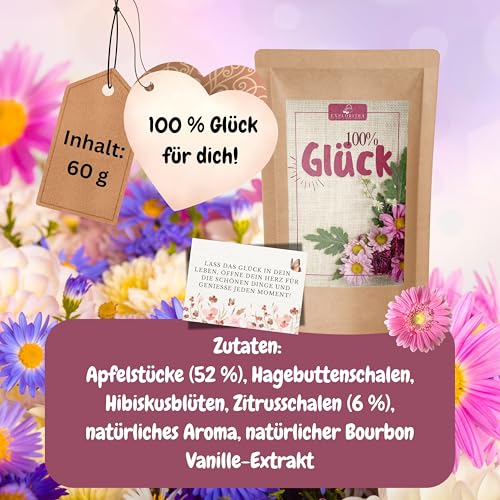 EXPLORITEA 100% Glück Früchtetee – Aromatische Apfel-Vanille-Zitrusmischung im ZIP-Lock Kraftpapierbeutel Natürlicher Genuss, ideal als Geschenk für den besonderen Menschen, dem Du Gutes wünscht