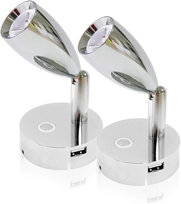 THALASSA RV 12V Spotlight USB Reading Light - Dimming Touch Switch with Blue Circle Night Light, Polished Chrome, Surface Mounted on Trailer Caravan Boat Inside as Bedside Light, Book Lamp, Pack of 2