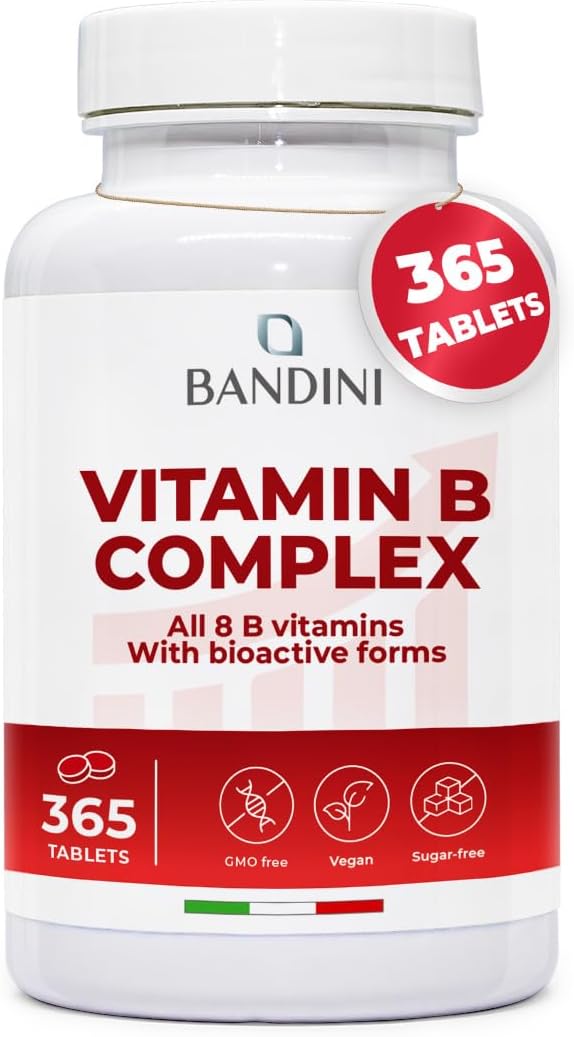 Bandini® Vitamin B Complex High Strength | 365 Vegan Tablets (1 Year Supply) | Blend of 8 B Vitamins with Folic Acid, Biotin, B1, B2, B3, B5, B6, B12 | Reduces Tiredness & Fatigue | Immune Support