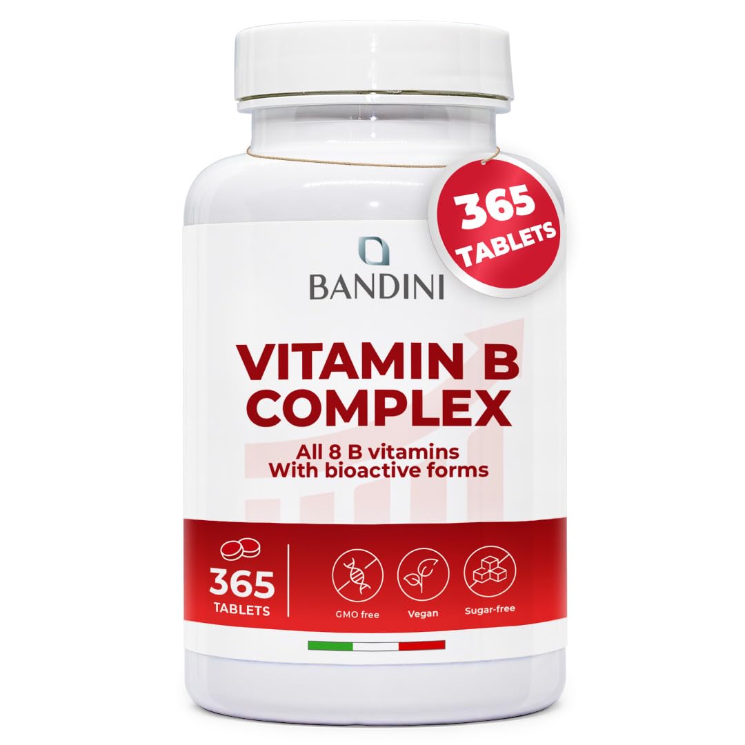 Bandini® Vitamin B Complex High Strength | 365 Vegan Tablets (1 Year Supply) | Blend of 8 B Vitamins with Folic Acid, Biotin, B1, B2, B3, B5, B6, B12 | Reduces Tiredness & Fatigue | Immune Support
