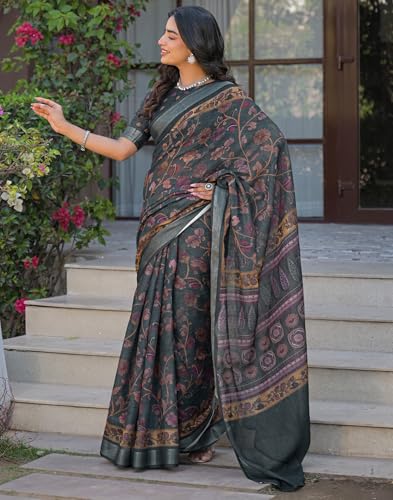 Image of SIRIL Women's Printed Cotton Saree with Unstitched Blouse Piece
