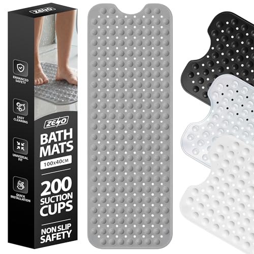 ZENO Bath Mat 100x40cm | Non-Slip Anti-Mould | 200 Suction Cups with Drain Holes | Large Rubber | Machine Washable & Durable | Grey