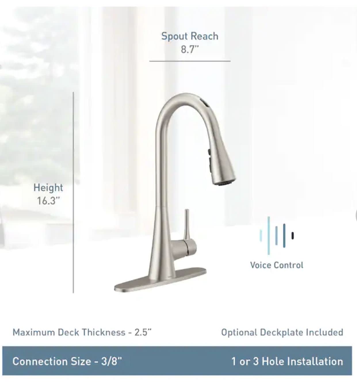 Moen Sarai 87836EVSRS Smart Faucet Spot Resist Stainless 1-Handle Deck-Mount Pull-Down Voice Activated Kitchen Faucet (Stainless Steel)