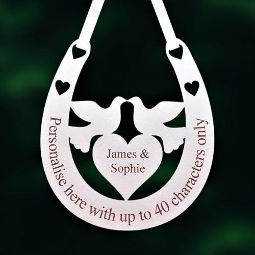 Personalised Wooden Engraved Doves & Heart Wedding Anniversary Horseshoe Gift. Size 129mm x 116mm. Lucky Keepsake. Hangs with ribbon. AGiftForYouUK WJS1