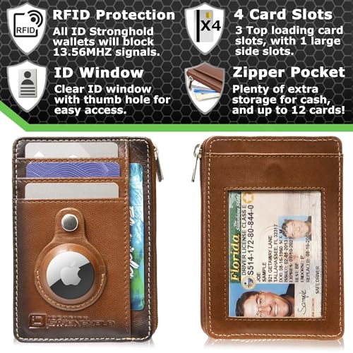 Image of ID Stronghold RFID Blocking Front Pocket Wallet - Slim Minimalist Genuine Leather Wallet with Zipper Coin Pocket (Airtag Antiqued Brown)