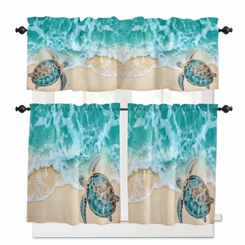 Turtle Kitchen Curtains 36 Inch Length, 3 Piece Rod Pocket Small Half Tiers and Valance Set, Coastal Seaside Nature Ocean Marine Animal Small Large Window Treatment Decor for Bedroom/Bathroom Sink