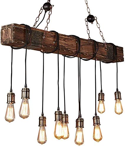 Raelf Lampe Vintage Pendentif, Rétro industrie du bois bricolage design, lampe suspendue, cuisine, salle à manger, bar, Lustre, Lustre Industriel Rétro Ferme 10 ampoules, Lustre réglable en hauteur [E