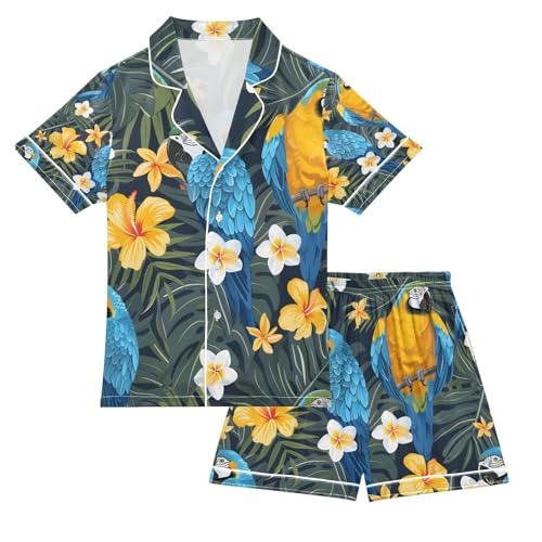 senya Parrots and Flowers Satin Summer Pajama Sets Silk Short Sleeve Button Down Sleepwear