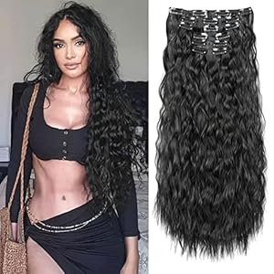 FLUFYMOOZ Clip In Hair Extensions,6PCS Hair Extensions Long Mermaid Waves Wavy Synthetic Clip On Hairpiece For Women 24 Inch (Natural Black)